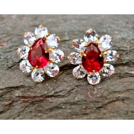 Ruby Diamond Gold Plated Floral Stud Earrings